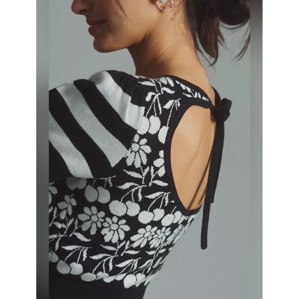 Maeve Anthropologie Trixie Sweater Tee Black White Cherry Striped Large